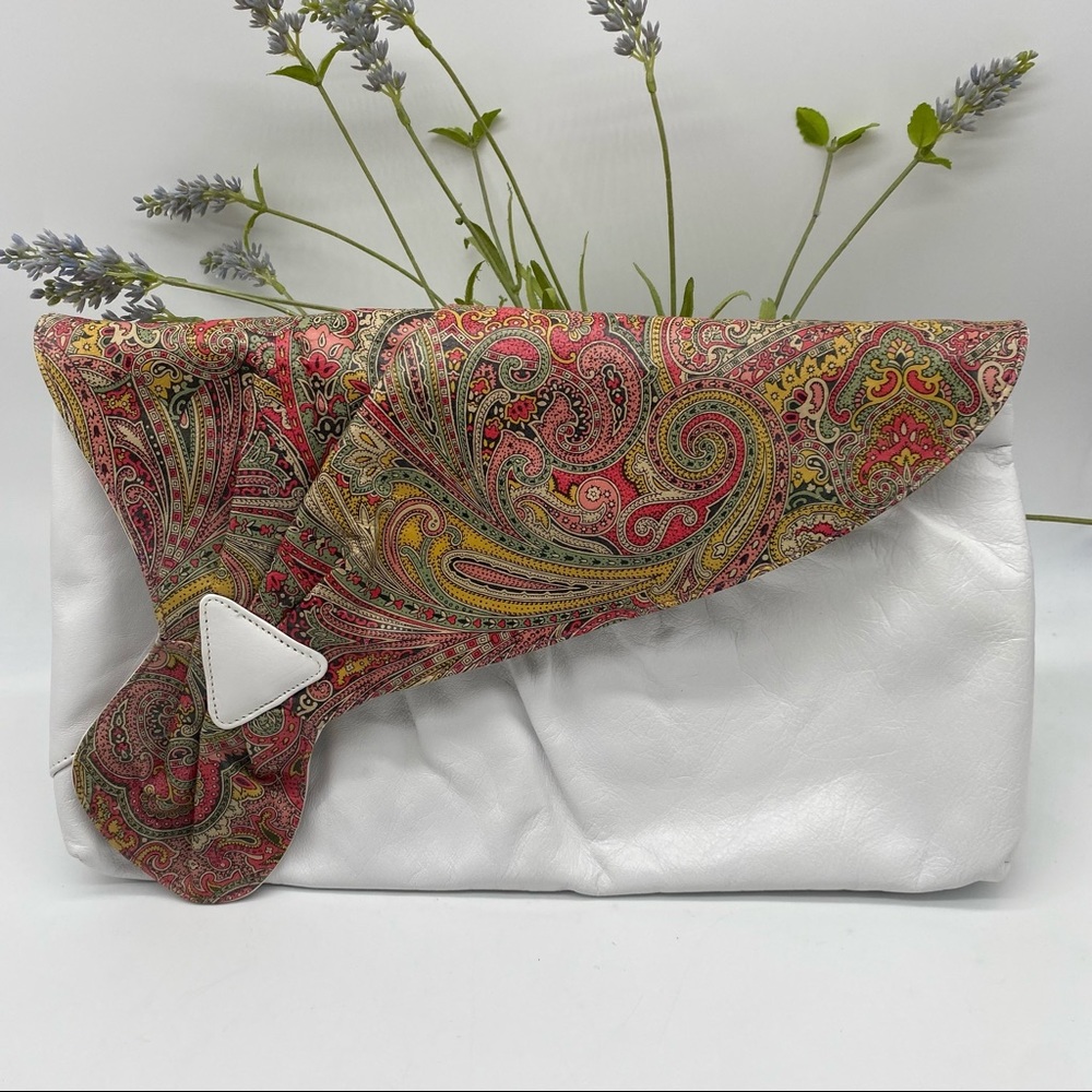 White leather envelope clutch with paisley print flap